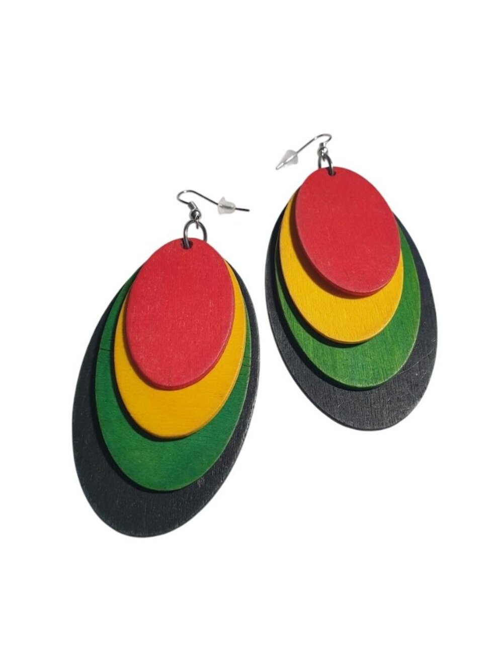 Rastafarian Layered Wood Oval Earrings Red Yellow Green Black Lightweight Dangle